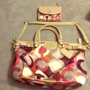 Coach large multicolored satin purse and wallet